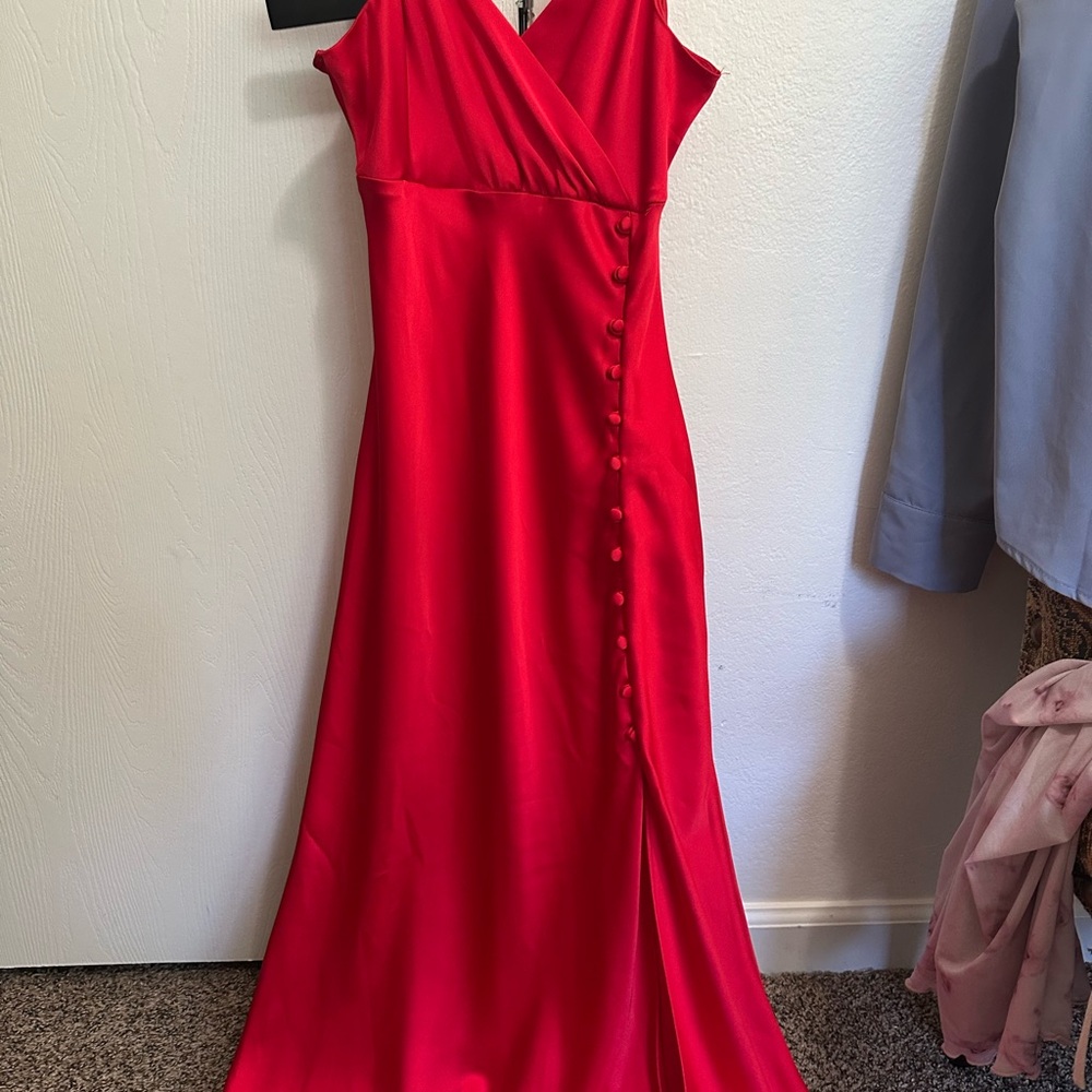 Zara Red Pleated V-neck Maxi Gown